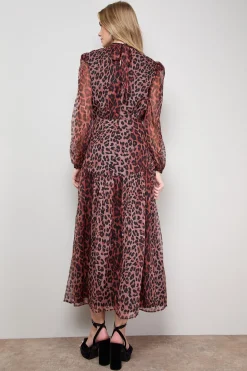 Robe Maxi à Manches Longues Imprimée avec Taille Basse Courbée
