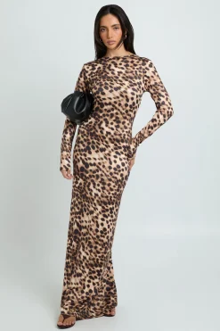 Robe Maxi À Manches Longues Imprimé Animal Tonal