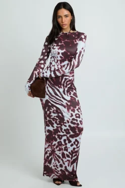 Robe Maxi À Manches Longues Imprimé Animal Tonal