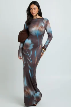 Robe Maxi À Manches Longues À Imprimé Floral Tonal