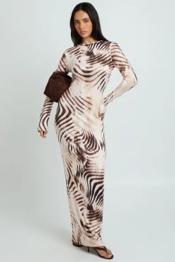 Robe Maxi À Manches Longues Imprimé Animal Tonal