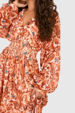 Robe maxi à manches longues imprimé cachemire