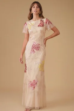 Robe Maxi À Manches Papillon Ornée De Motifs Floraux En Éventail