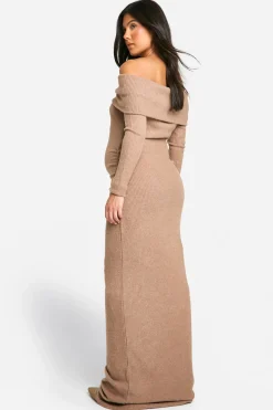 boohoo Robe Maxi Maternité en Côtelé Doux à Épaules Dévoilées et Colonne<Femme Robes À Manches Longues|Robes