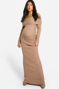 boohoo Robe Maxi Maternité en Côtelé Doux à Épaules Dévoilées et Colonne<Femme Robes À Manches Longues|Robes