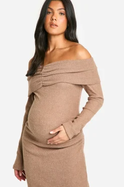 boohoo Robe Maxi Maternité en Côtelé Doux à Épaules Dévoilées et Colonne<Femme Robes À Manches Longues|Robes