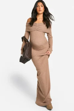 boohoo Robe Maxi Maternité en Côtelé Doux à Épaules Dévoilées et Colonne<Femme Robes À Manches Longues|Robes