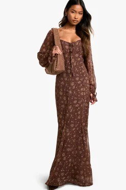 Robe maxi Milkmaid en chiffon froissé à motif floral discret
