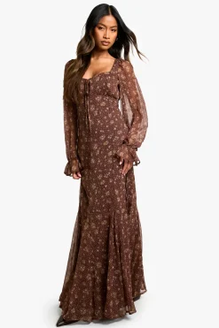 Robe maxi Milkmaid en chiffon froissé à motif floral discret