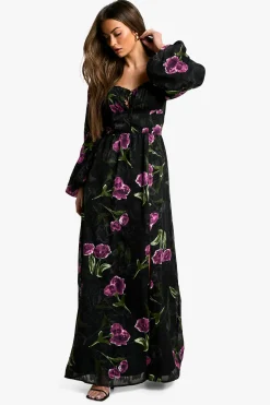 boohoo Robe Maxi Milkmaid Floral Burnout<Femme Robes Patineuses|Robes À Manches Longues