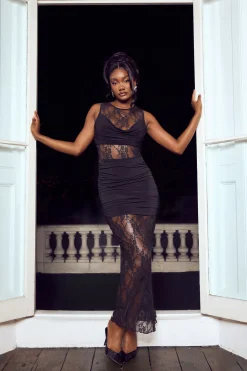 boohoo Robe Maxi Mélange Dentelle et Moulante<Femme Satin Et Dentelle|Robes