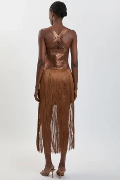 Robe Maxi Moulante À Bandage En Maille À Franges Et Revêtement Métallisé