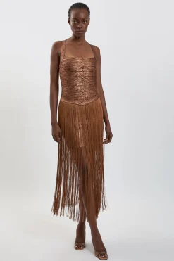 Robe Maxi Moulante À Bandage En Maille À Franges Et Revêtement Métallisé