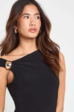 Robe Maxi Moulante Col Asymétrique Avec Détail Bordure Dorée