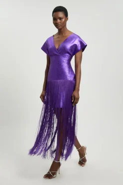 KarenMillen Robe Maxi Moulante En Maille Bandage À Manches Évasées Et Jupe À Franges Avec Finition Métallisée<Femme Robes|Robes Longues