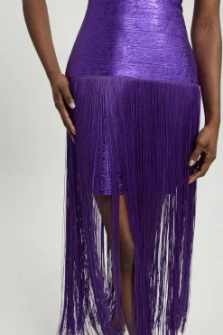 KarenMillen Robe Maxi Moulante En Maille Bandage À Manches Évasées Et Jupe À Franges Avec Finition Métallisée<Femme Robes|Robes Longues
