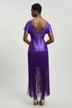 KarenMillen Robe Maxi Moulante En Maille Bandage À Manches Évasées Et Jupe À Franges Avec Finition Métallisée<Femme Robes|Robes Longues
