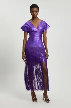 KarenMillen Robe Maxi Moulante En Maille Bandage À Manches Évasées Et Jupe À Franges Avec Finition Métallisée<Femme Robes|Robes Longues