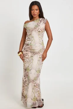 boohoo Robe Maxi Moulante En Mesh Imprimé Léopard À Encolure Asymétrique<Femme Robes De Soirée|Toutes Les Robes
