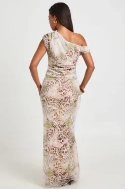 boohoo Robe Maxi Moulante En Mesh Imprimé Léopard À Encolure Asymétrique<Femme Robes De Soirée|Toutes Les Robes