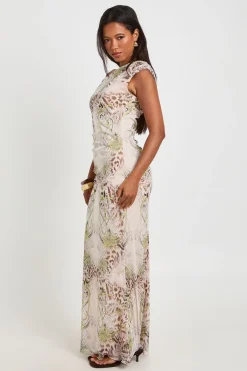 boohoo Robe Maxi Moulante En Mesh Imprimé Léopard À Encolure Asymétrique<Femme Robes De Soirée|Toutes Les Robes