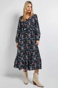 Robe Maxi Noire à Imprimé Fleuri avec Taille Froncée et Manches Longues