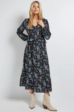 Robe Maxi Noire à Imprimé Fleuri avec Taille Froncée et Manches Longues