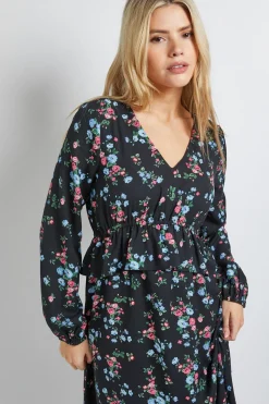 Robe Maxi Noire à Imprimé Fleuri avec Taille Froncée et Manches Longues