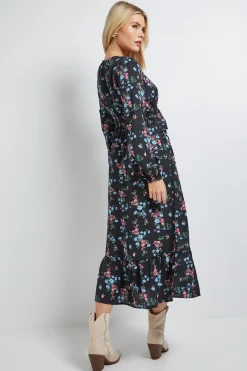 Robe Maxi Noire à Imprimé Fleuri avec Taille Froncée et Manches Longues
