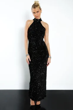 Robe maxi nuisette en velours à sequins avec décolleté portefeuille