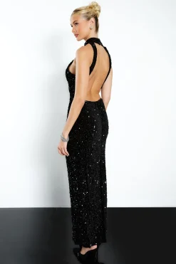Robe maxi nuisette en velours à sequins avec décolleté portefeuille
