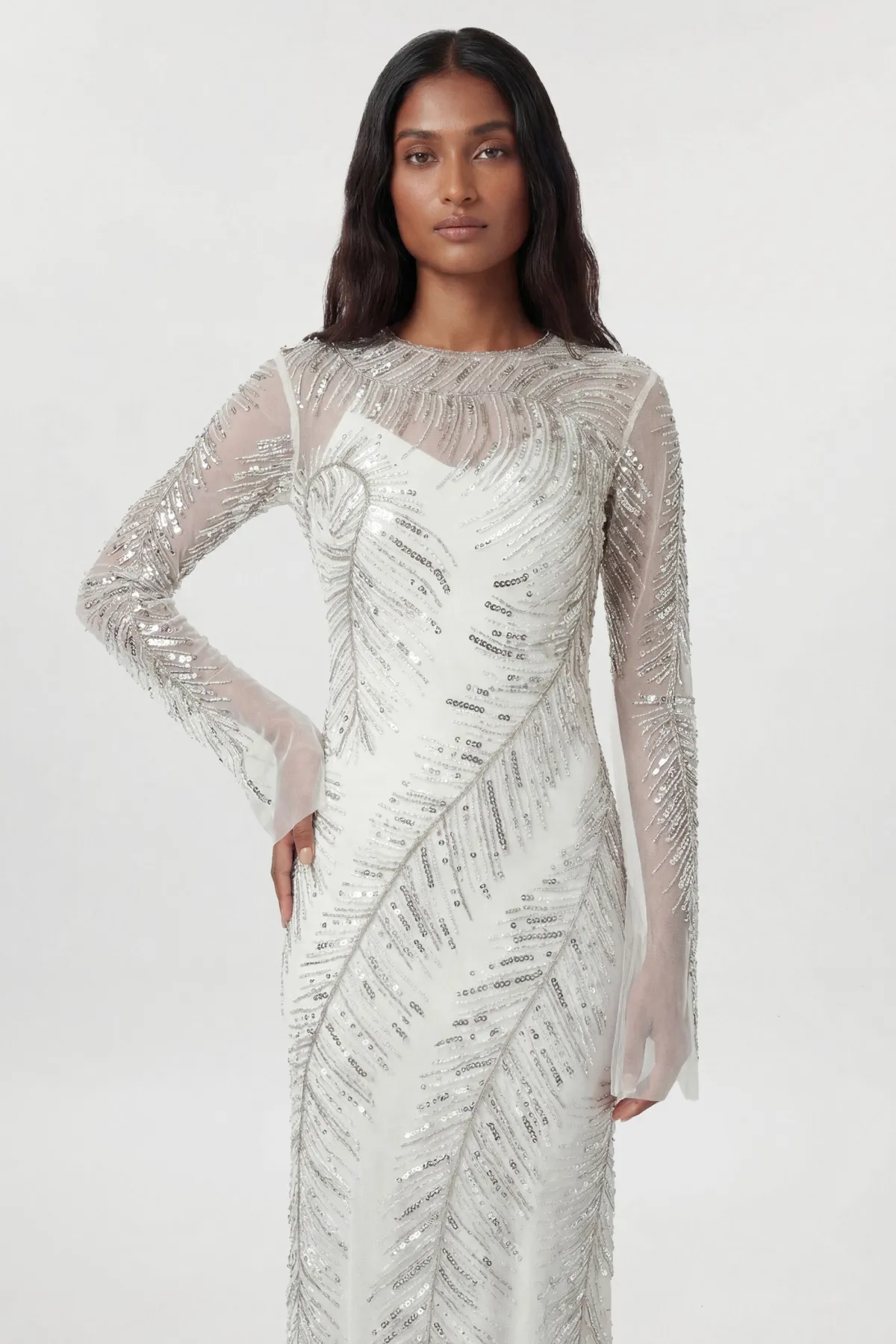 KarenMillen Robe maxi ornée de cristaux en forme de plume<Femme Robes Mi-Longues|Robes À Manches Longues