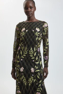 KarenMillen Robe Maxi À Ornements Floraux Perlés Main À Motif Descendant<Femme Toutes Les Robes|Robes Longues