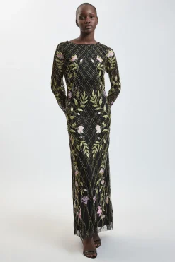 KarenMillen Robe Maxi À Ornements Floraux Perlés Main À Motif Descendant<Femme Toutes Les Robes|Robes Longues