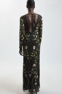 KarenMillen Robe Maxi À Ornements Floraux Perlés Main À Motif Descendant<Femme Toutes Les Robes|Robes Longues