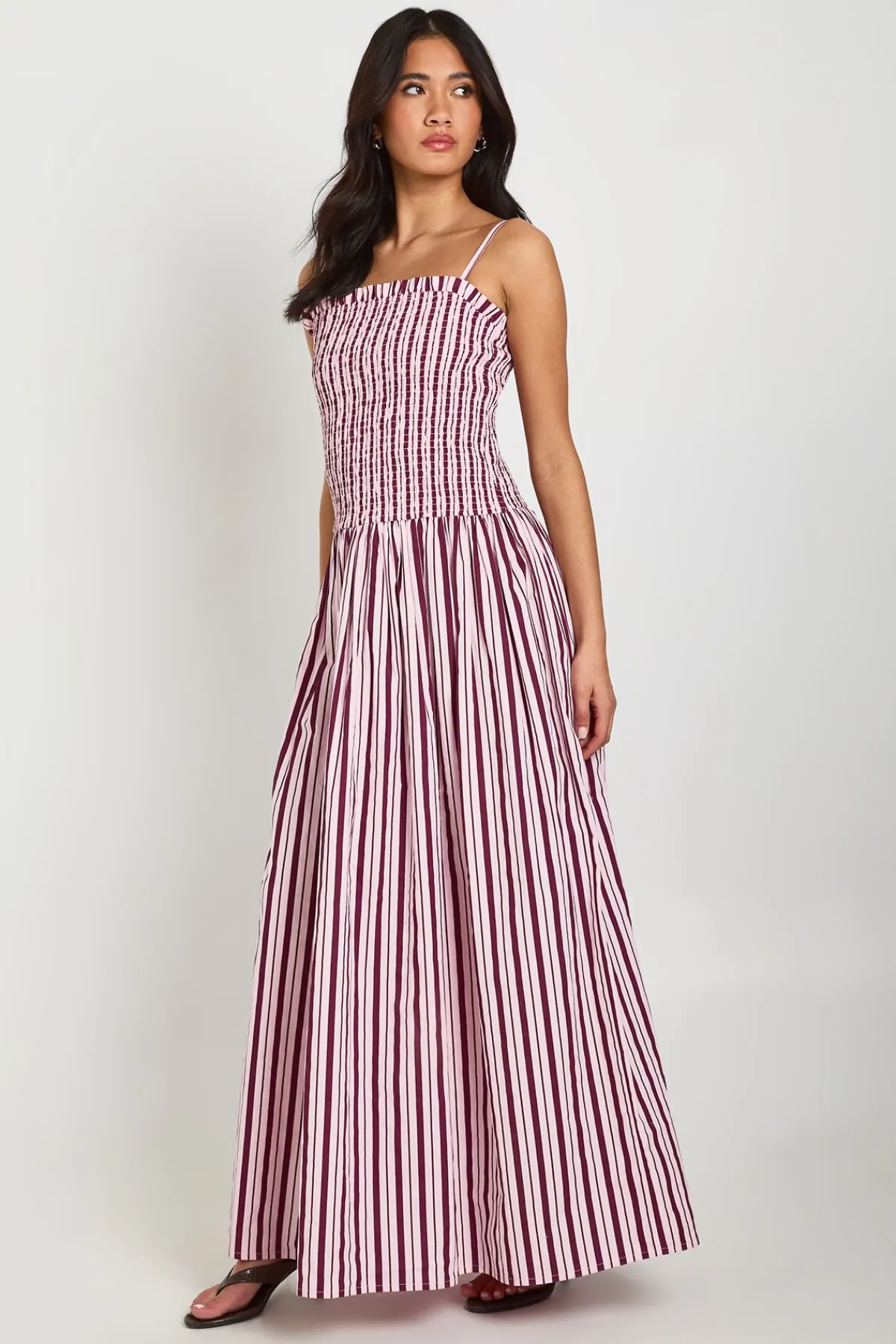 boohoo Robe Maxi Patineuse En Coton À Rayures Avec Fronces<Femme Robes Patineuses|Robes