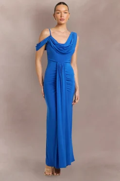 Robe Maxi Épaules Dénudées À Double Couche En Tissu Slinky Avec Drapé Frontal