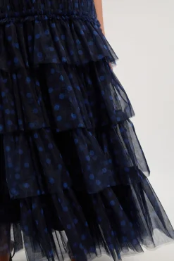 Robe Maxi à Épaules Dénudées en Tulle Superposé à Pois