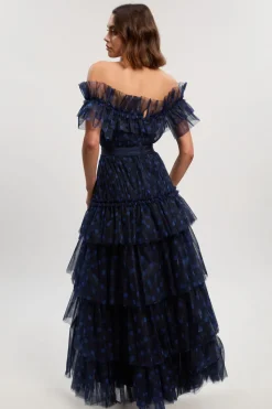 Robe Maxi à Épaules Dénudées en Tulle Superposé à Pois