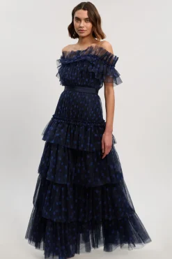 Robe Maxi à Épaules Dénudées en Tulle Superposé à Pois