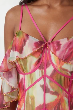 Robe Maxi À Épaules Dénudées Ornée De Perles Avec Imprimé Floral Froissé Petite