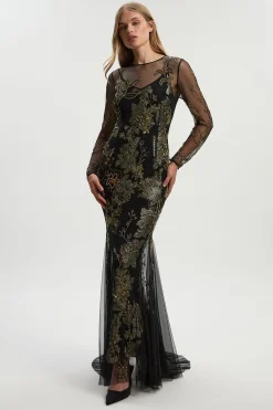 Robe Maxi Petite en Georgette Métallisée Tissée avec Appliqués Floraux