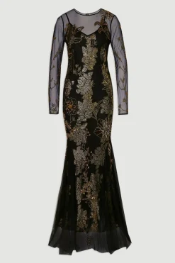 Robe Maxi Petite en Georgette Métallisée Tissée avec Appliqués Floraux