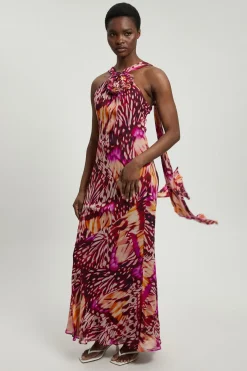 Robe Maxi Petite En Georgette De Viscose À Imprimé Papillons Avec Rosette Et Encolure Dos-nu