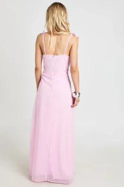 Robe Maxi Petite En Mousseline Taille Froncée Avec Détail De Volants