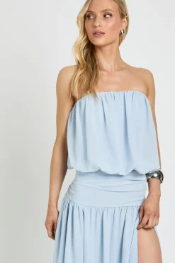 Robe Maxi Petite En Mousseline À Taille Basse Froncée Et Bustier Bandeau