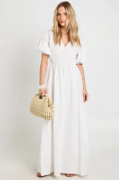 Robe Maxi Petite En Popeline De Coton À Corsage Froncé Col En V Et Manches Bouffantes