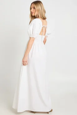 Robe Maxi Petite En Popeline De Coton À Corsage Froncé Col En V Et Manches Bouffantes