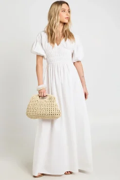Robe Maxi Petite En Popeline De Coton À Corsage Froncé Col En V Et Manches Bouffantes