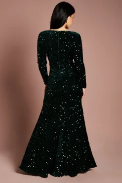 Robe Maxi Petite en Velours à Sequins, Manches Longues et Col Carré